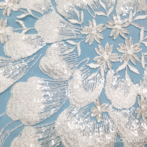 Λευκό λουλούδι Sequin Κέντημα Τούλι Lace Fabric